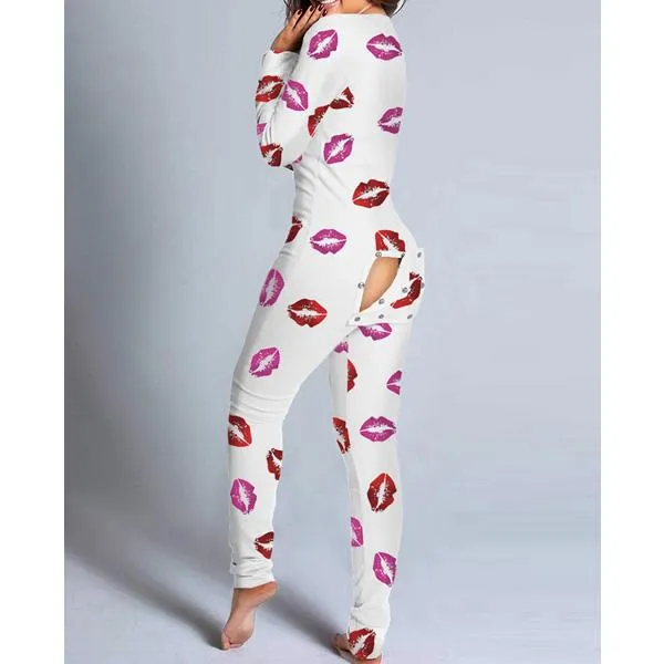 Women Fashion Printed Functional Open Butt Buttoned Romper Casual Long Sleeve Pajamas Jumpsuit Plus Size