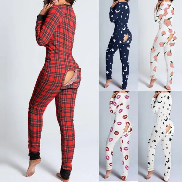 Women Fashion Printed Functional Open Butt Buttoned Romper Casual Long Sleeve Pajamas Jumpsuit Plus Size