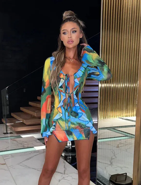 Women Mini Dress Long Sleeve Lacing Tie-dye Print Patchwork Slit Bodycon Dress for Club Party