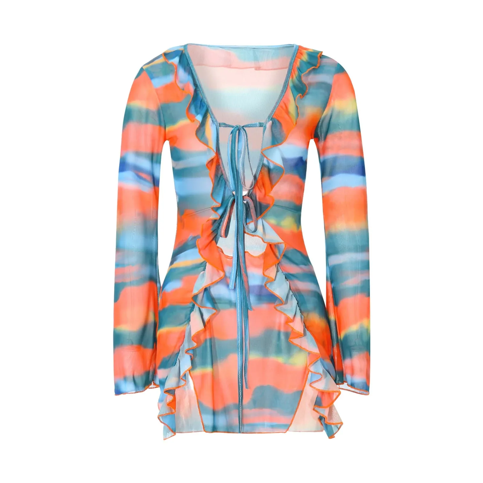 Women Mini Dress Long Sleeve Lacing Tie-dye Print Patchwork Slit Bodycon Dress for Club Party