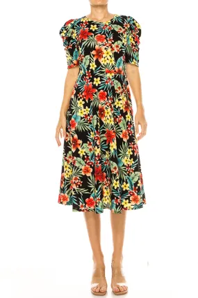 Women's Elegant Printed Midi Dress with Puff Sleeves and Sash Tie