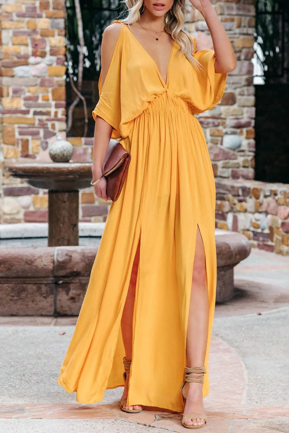 Women's Summer Short Sleeve Maxi Dress Cold Shoulder Backless Deep V Neck Dress