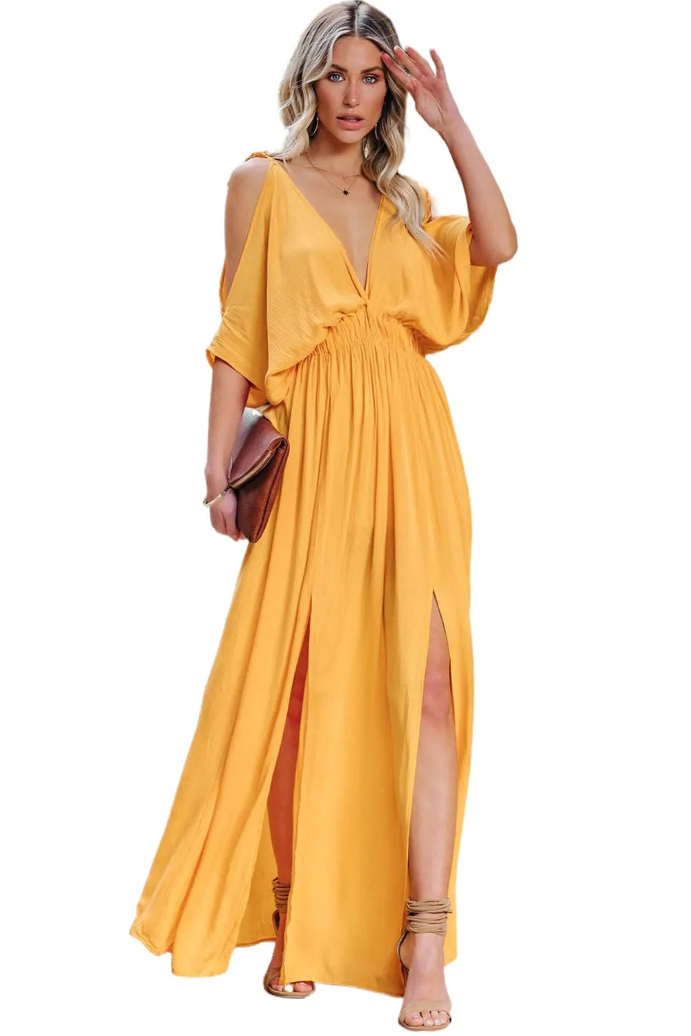 Women's Summer Short Sleeve Maxi Dress Cold Shoulder Backless Deep V Neck Dress