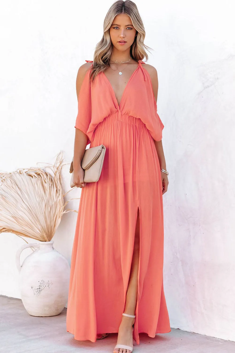 Women's Summer Short Sleeve Maxi Dress Cold Shoulder Backless Deep V Neck Dress