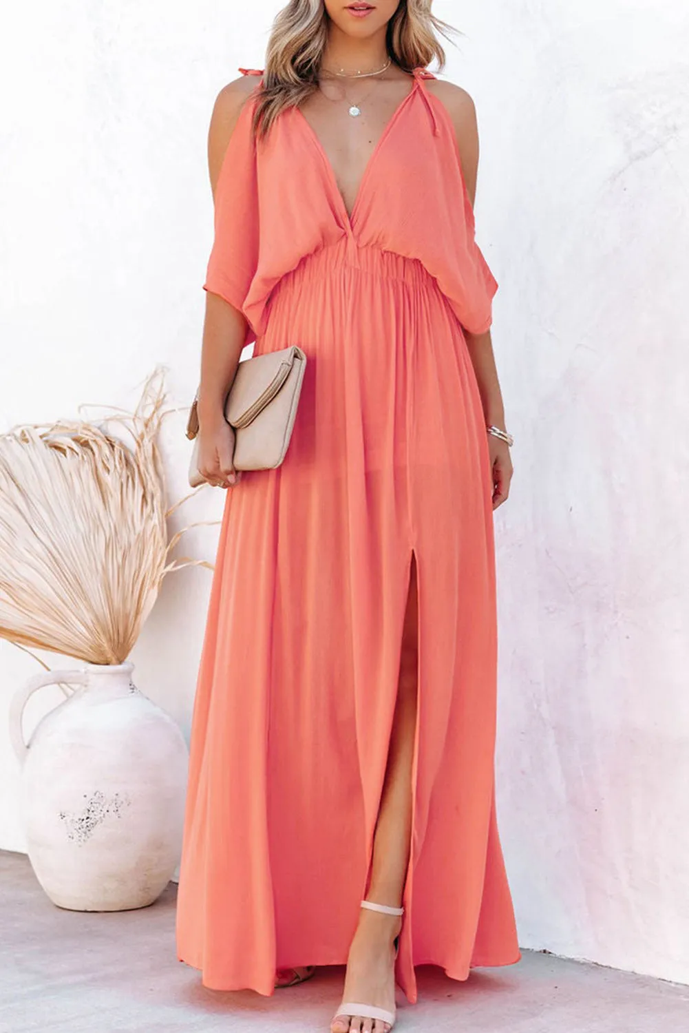 Women's Summer Short Sleeve Maxi Dress Cold Shoulder Backless Deep V Neck Dress