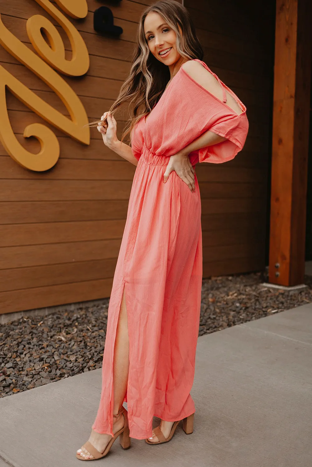 Women's Summer Short Sleeve Maxi Dress Cold Shoulder Backless Deep V Neck Dress