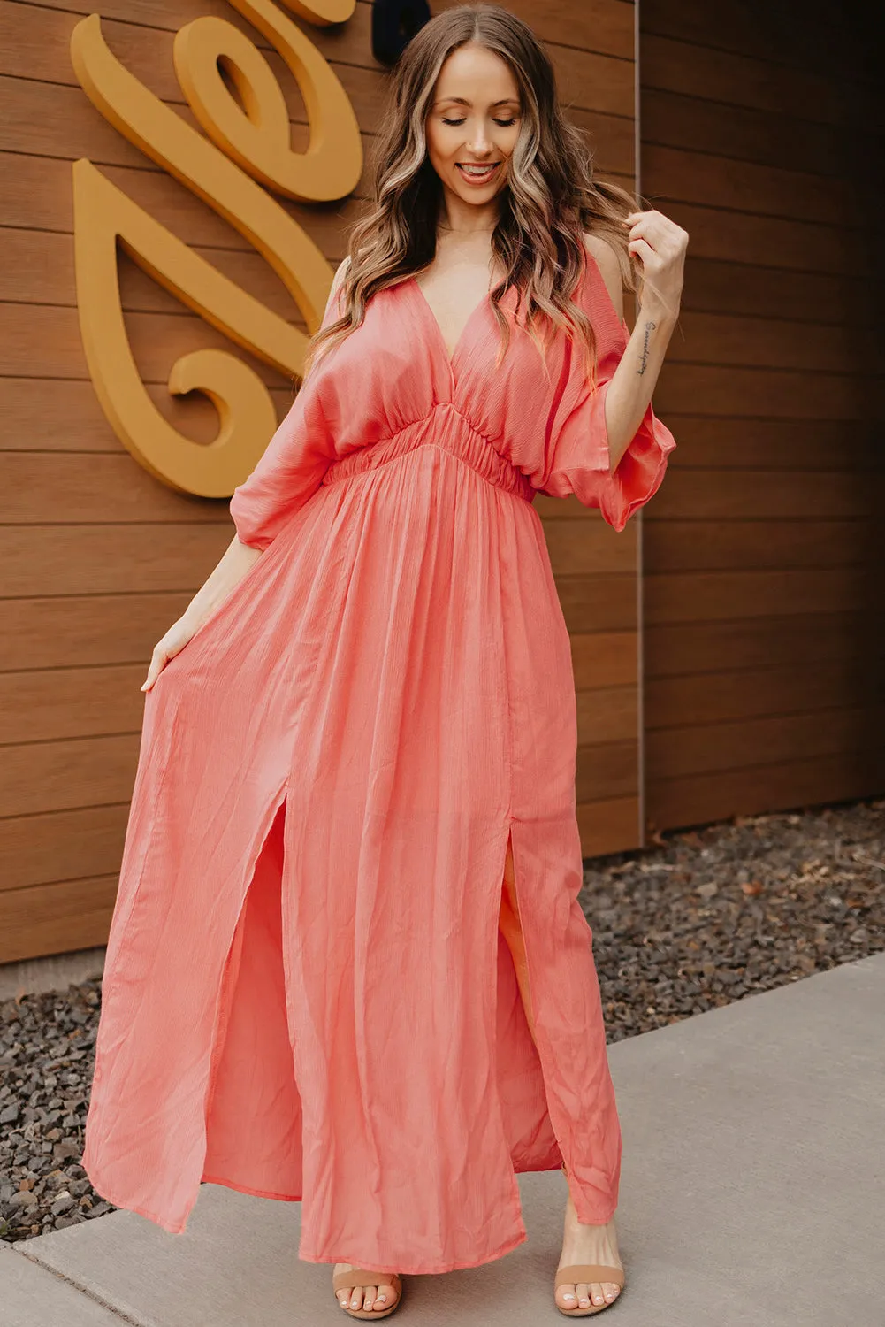 Women's Summer Short Sleeve Maxi Dress Cold Shoulder Backless Deep V Neck Dress