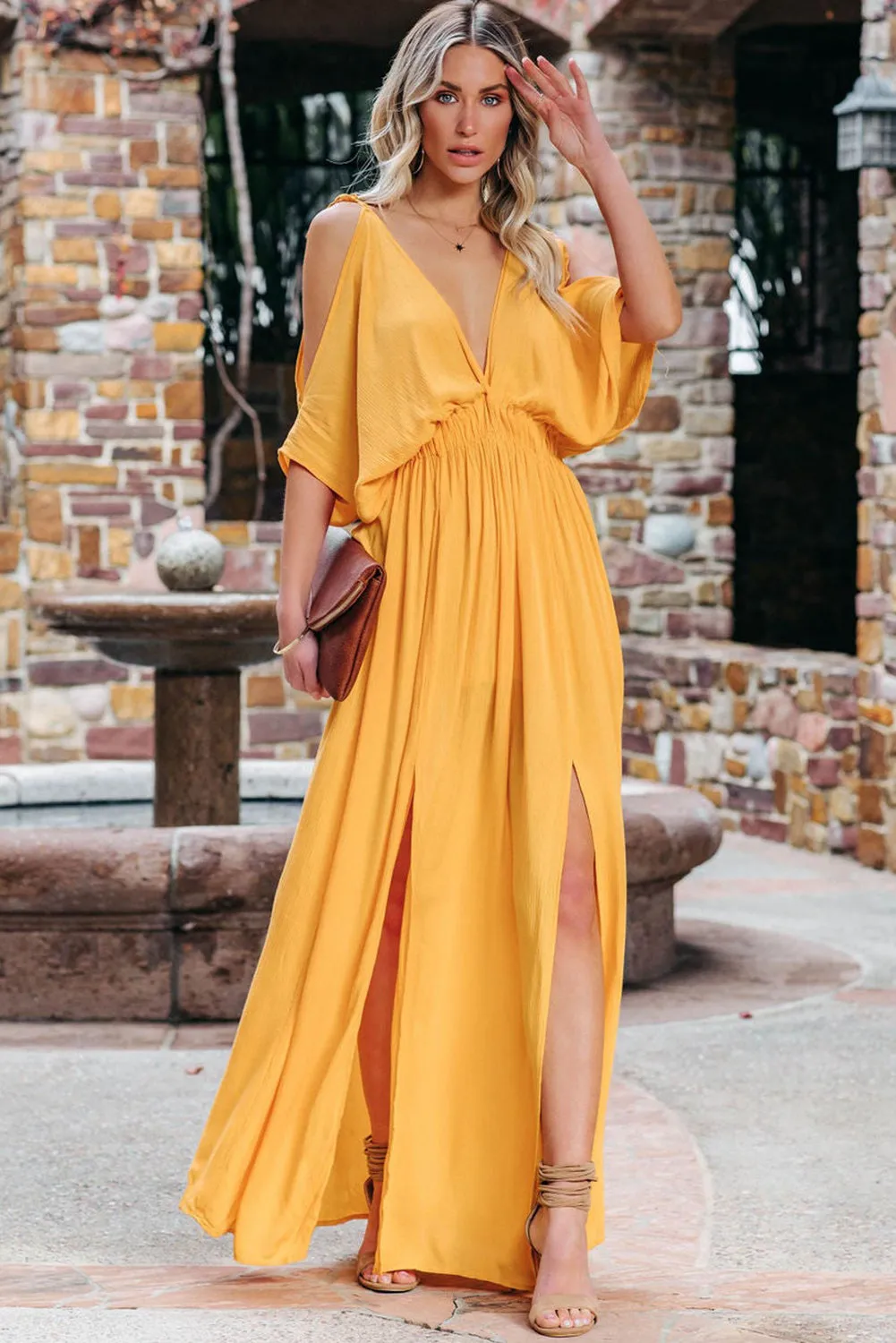 Women's Summer Short Sleeve Maxi Dress Cold Shoulder Backless Deep V Neck Dress