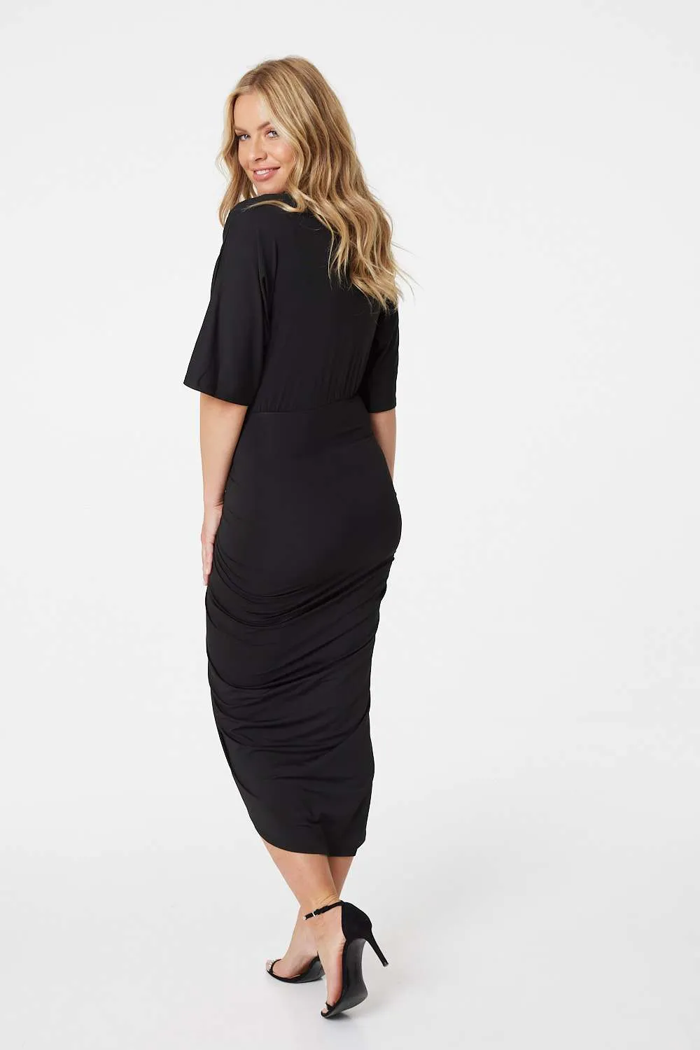 Wrap Front Draped Midi Dress