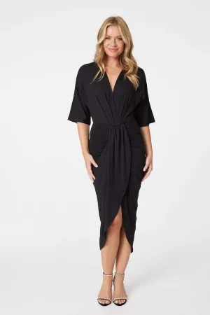 Wrap Front Draped Midi Dress