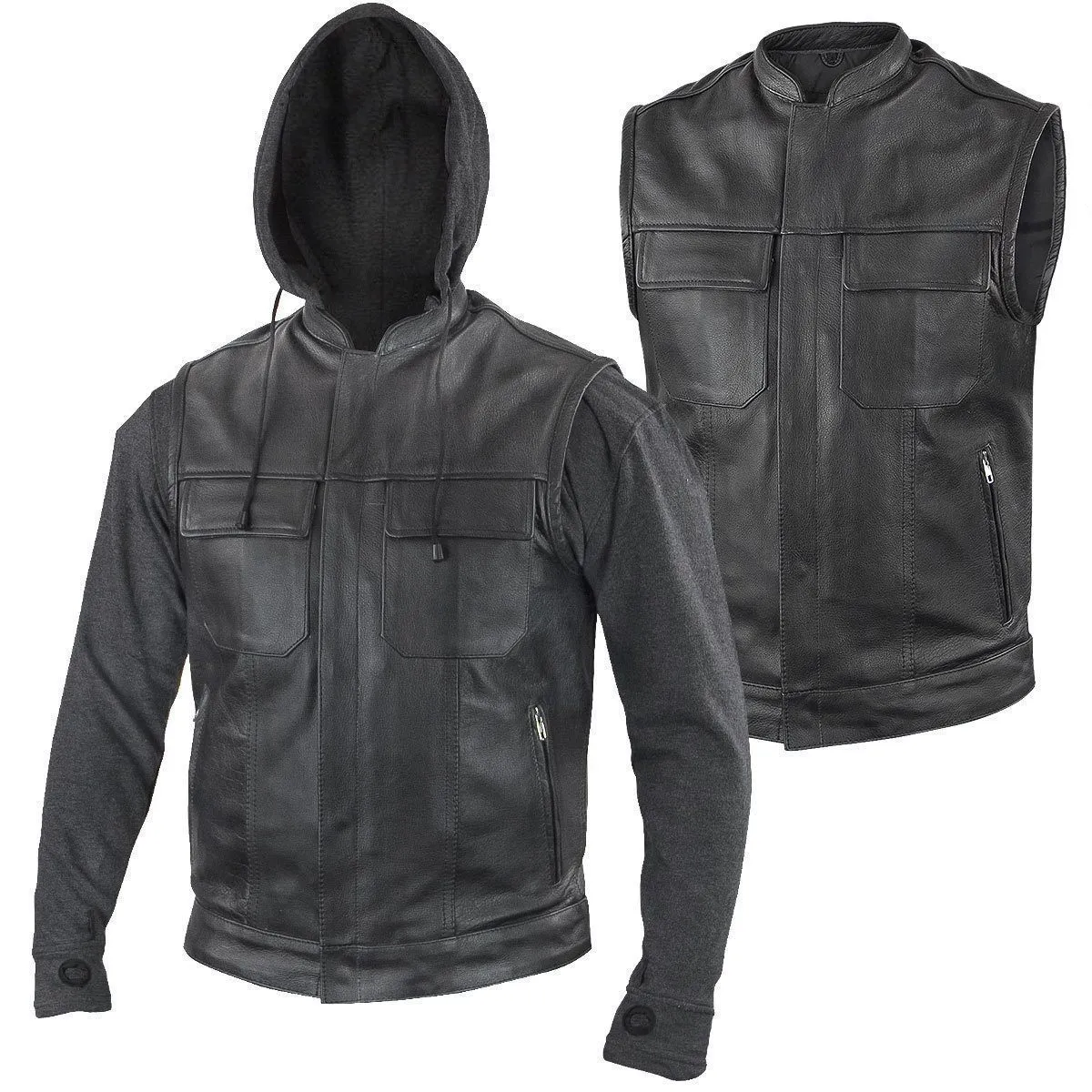 Xelement BXU1006 Men's 'Jax' Black Leather Motorcycle Hoodie Jacket