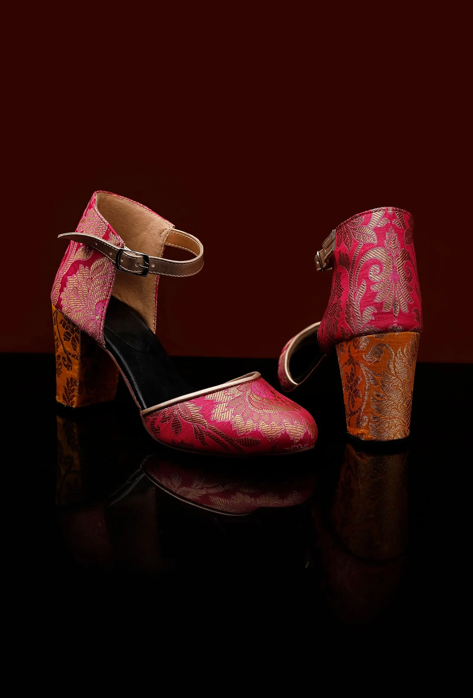 Yellow and Pink Brocade Block Heels