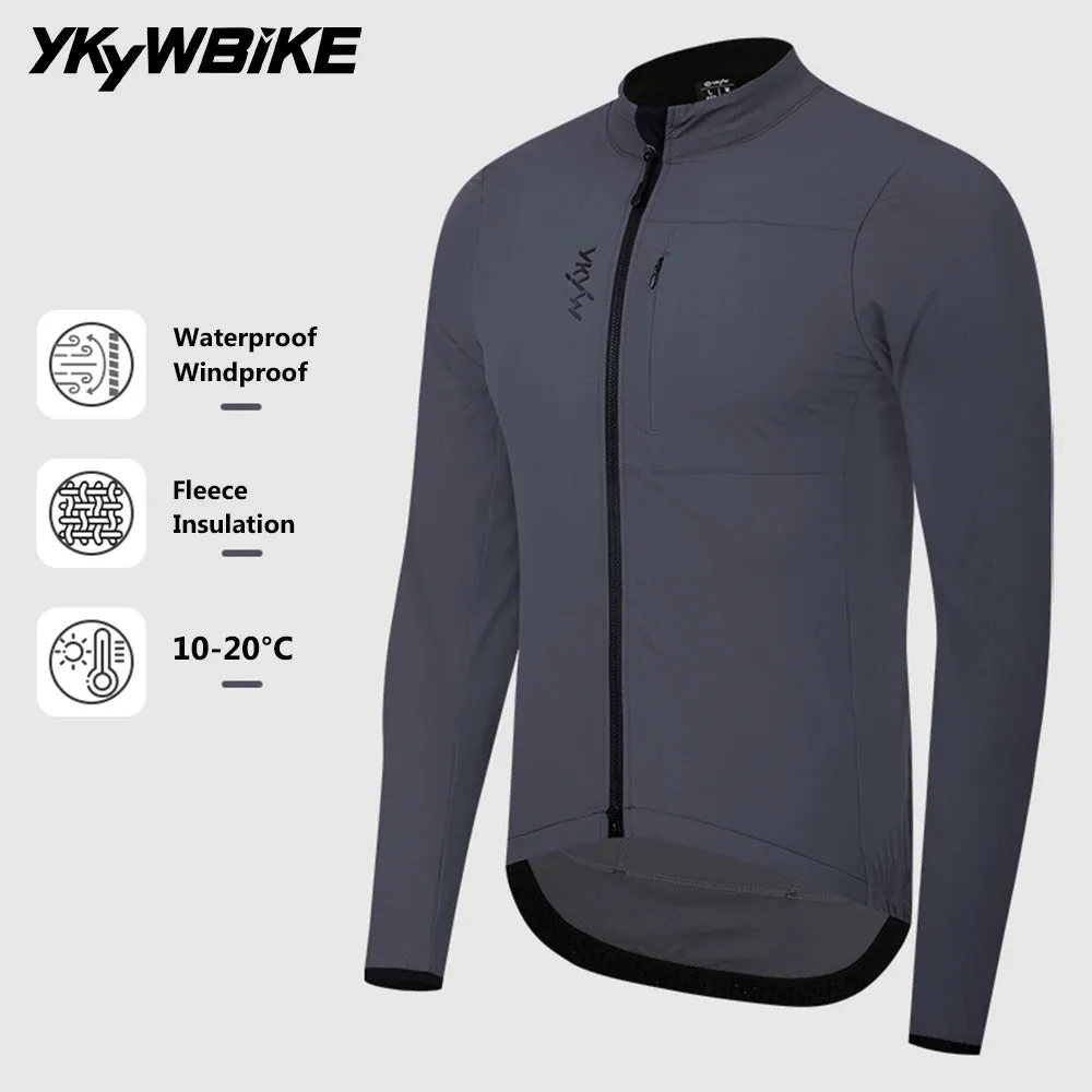 YKYW 10-20°C Men's Long Sleeve Cycling Jacket Waterproof Windproof Bicycle Windbreaker Warmth Fleece Road Bike Cycling Jersey Gray Tops